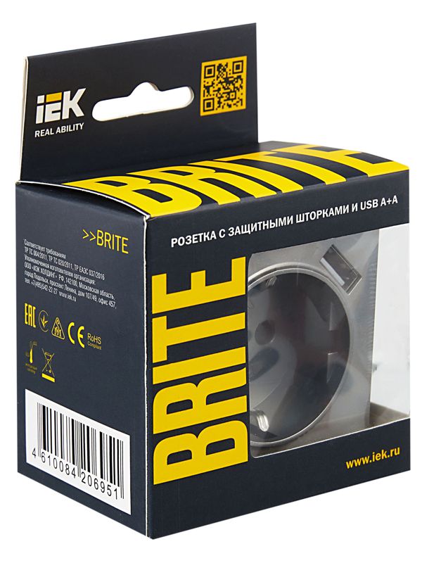 Розетка BRITE РЮш10-1-БрС 16А с USB A+A 2.1А с заземл. защ. шторки механизм сталь IEK BR-R14-16-U21-D21-K46
