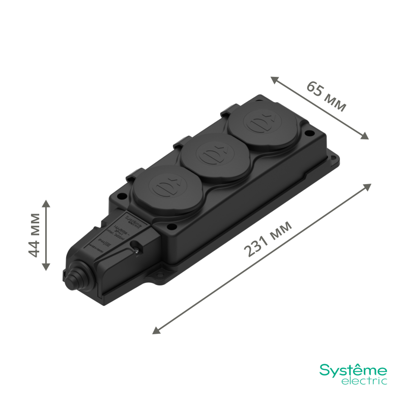 Колодка удлинителя 3-м MultiSet 16А 250В IP44 с заземл. каучук черн. SE MST4103BK