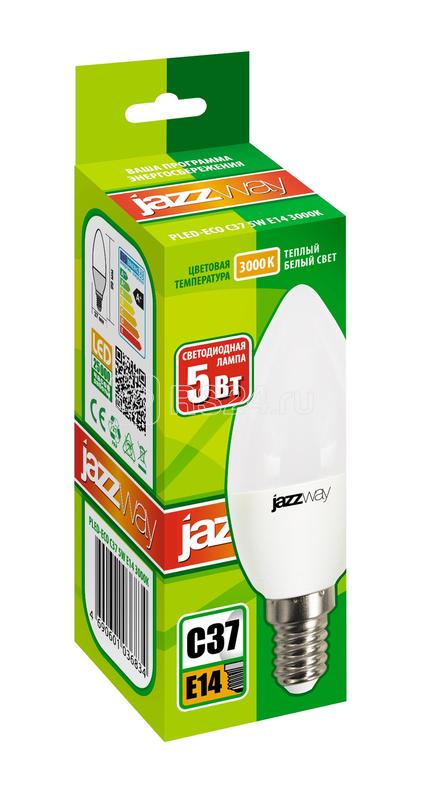 Лампа светодиодная PLED-ECO 5Вт C37 свеча матовая 3000К тепл. бел. E14 400лм 230В 50Гц JazzWay 1036834A