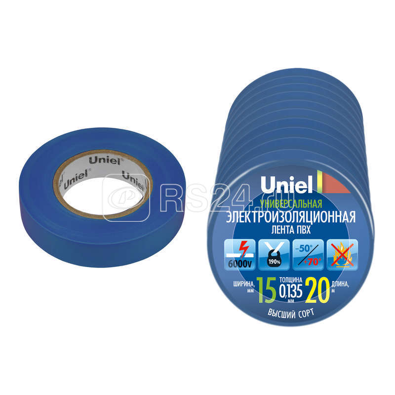 Лента изоляционная 0.135х15мм 20м UIT-135P 20/15/10 BLU син. (уп.10шт) Uniel 04502