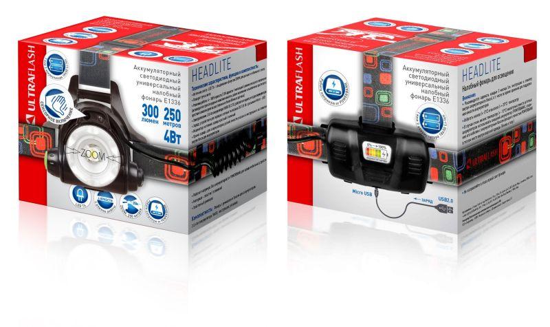 Фонарь аккумуляторный налобный E1336 1LED 4Вт фокус 4 режима аккум. 3.7В сенсорный черн. (бокс) Ultraflash 13906