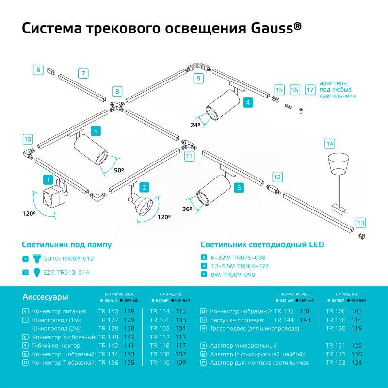 Адаптер Track однофазный для подключения светильника к трековой системе с фиксирующей шайбой черн. GAUSS TR126