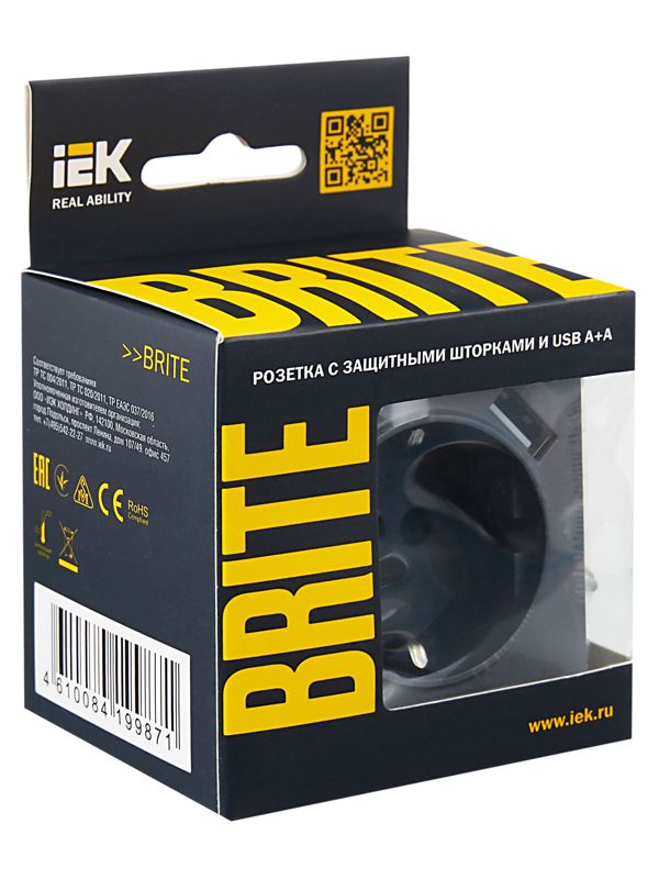 Розетка BRITE РЮш10-1-БрМ 16А с USB A+A 2.1А с заземл. защ. шторки механизм маренго IEK BR-R14-16-U21-D21-K35
