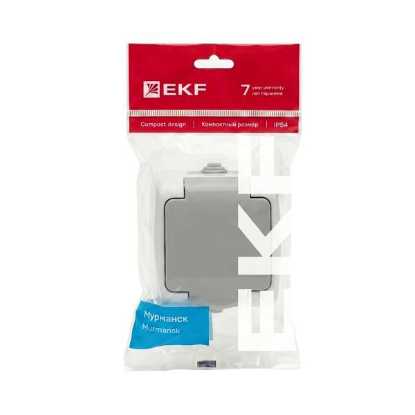 Розетка 1-м ОП Мурманск 16А IP54 с заземл. защ. шторки с крышкой сер. EKF EFR16-029-30-54