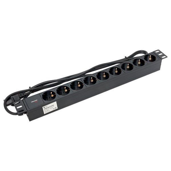 Блок PDU TERACOM PRO 19дюйм 1U 10А/250В 9 роз. Schuko шнур 2м 3х1.5кв.мм вилка C14 корпус алюм. черн. EKF TRP-HPD-10A-9SH-2MC14