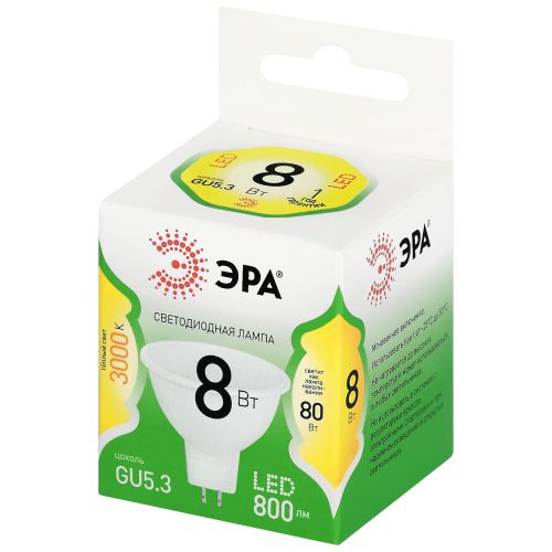 Лампа светодиодная GREEN LINE MR16-8W-830-GU5.3 GL 8Вт софит 3000К свет тепл. GU5.3 Эра Б0067082