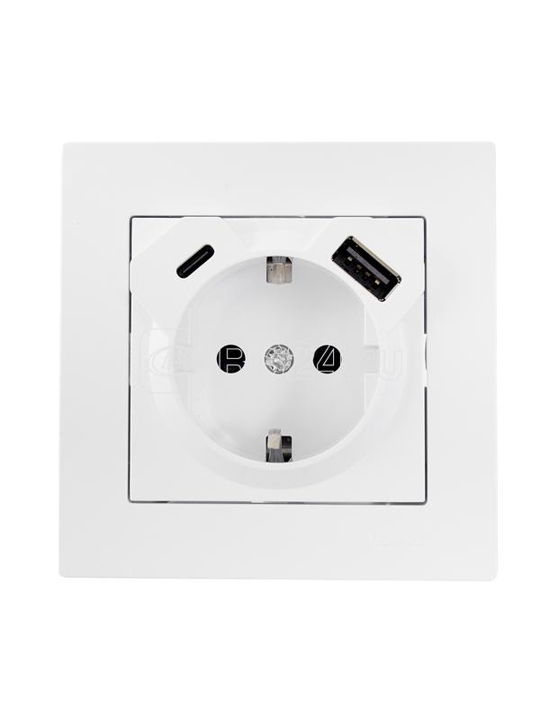 Розетка 1-м СП Vesna с заземл. с заряд. устройством USB + тип C механизм бел. LEZARD 742-0288-181TC