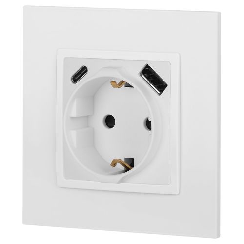 Розетка Elegance 14-4108-01М 16A 250В 2P+E защ. шторки с USB type-A+C 3А 5В матов. бел. Эра Б0067710