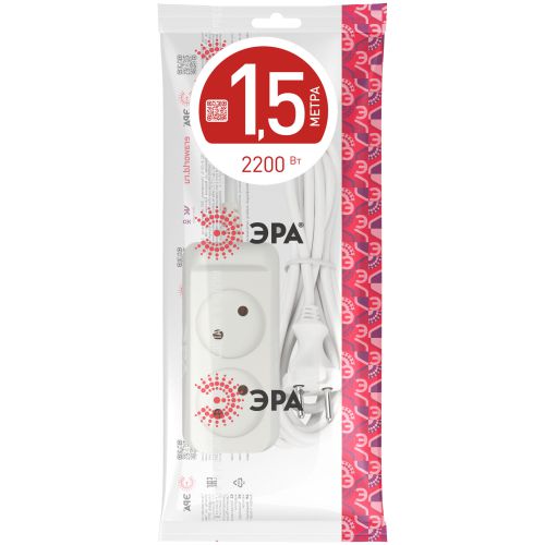 Удлинитель 2х1.5м без заземл. 10А IP20 U-2-1.5m-2х1 ПВС 2х1 Эра Б0028359