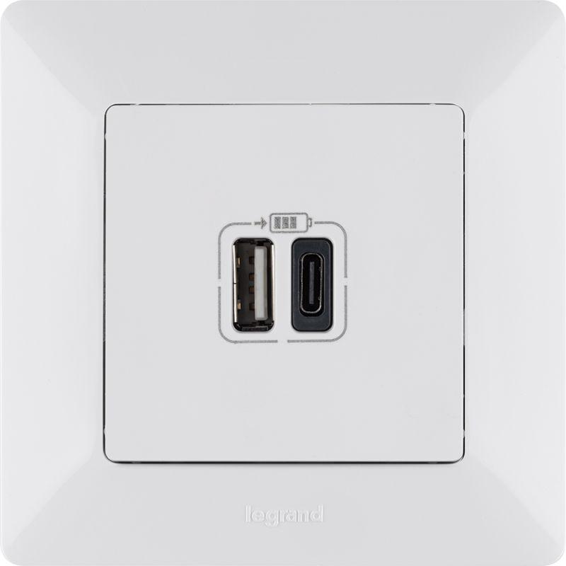 Устройство зарядное Valena Life с 2-мя USB-разъемами тип A-тип C 240В/5В 3000мА с лиц. панелью бел. Leg 753106