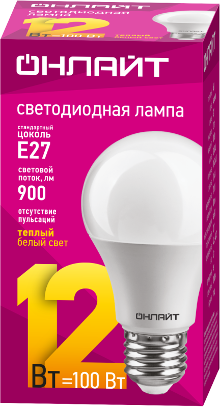 Лампа светодиодная 71 682 OLL-A65/А60-12-230-2.7K-E27 12Вт грушевидная 2700К тепл. бел. E27 1000лм 176-264В ОНЛАЙТ 71682