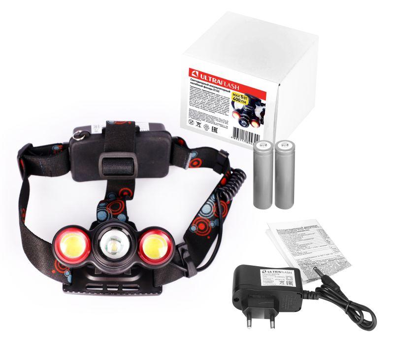 Фонарь аккумуляторный налобный E162 3LED 5Вт фокус 4 режима аккум. 2х3.7В черн. (бокс) Ultraflash 14683