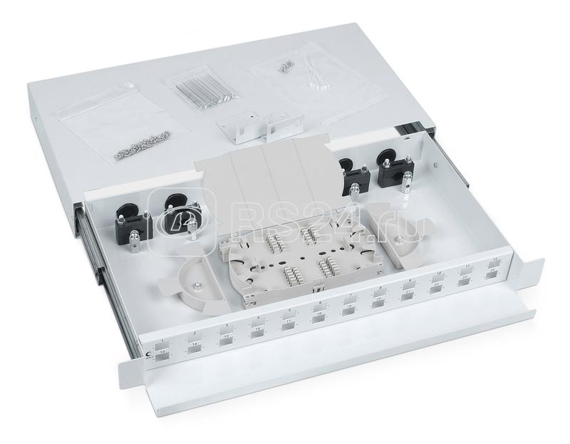 Кросс бокс оптический ODF-19-24-SC 19дюйм на 24 SC LC duplex со сплайс-кассетой выдвижной без пигтейлов и проходных адаптеров Cabeus 7302c