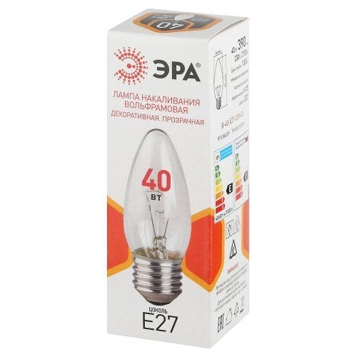 Лампа накаливания B36 40Вт свеча прозрачная E27/E27 230В Эра Б0066505