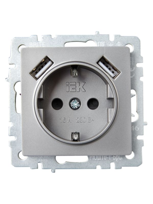 Розетка BRITE РЮш10-1-БрС 16А с USB A+A 2.1А с заземл. защ. шторки механизм сталь IEK BR-R14-16-U21-D21-K46