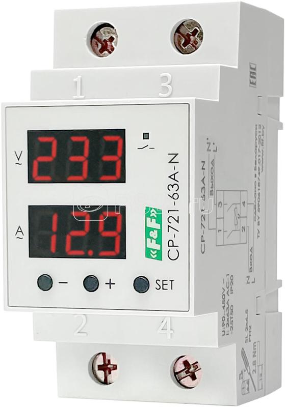 Реле напряжения с контролем тока и мощности CP-721-63A-N 1ф 2НО 2х63А с разрывом нейтрали в соответствии с ПУЭ 7.1.21 и предназнач. для защ. сети бытовой техники от повыш. или пониж. напржения в сети F&F EA04.009.028