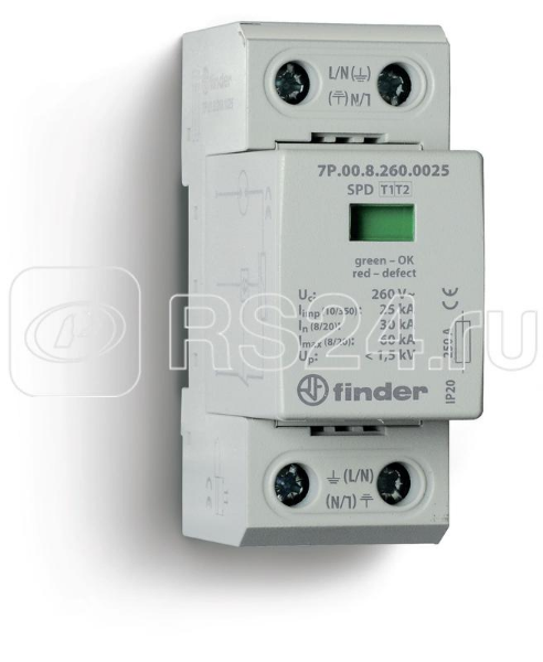 Устройство защиты от импульсных перенапряжений УЗИП тип 1+2 (1 варистор/искровый разрядник) модульный 36мм IP20 FINDER 7P0182601025