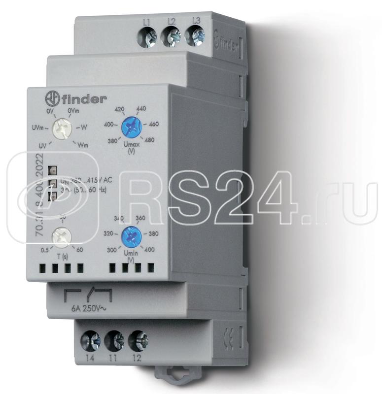 Реле контрольное для 3х-фазных сетей пониженное/повышенное напряжение обрыв/чередование фаз выход 1CO 6А модульное 35мм IP20 FINDER 703184002022PAS