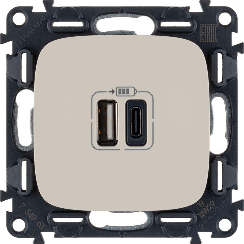 Устройство зарядное Valena Allure с 2-мя USB-разъемами тип A-тип C 240В/5В 3000мА с лиц. панелью сл. кость Leg 754966