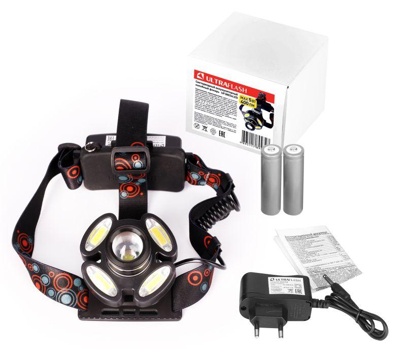 Фонарь аккумуляторный налобный UF380 24LED + 5LED 5Вт фокус 4 режима аккум. 2х3.7В черн. (бокс) Ultraflash 14685