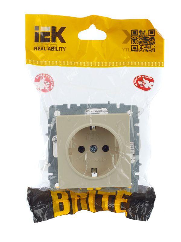 Розетка BRITE РС11-1-0-БрКр 16А с заземл. без защ. шторки механизм беж. IEK BR-R11-16-K10