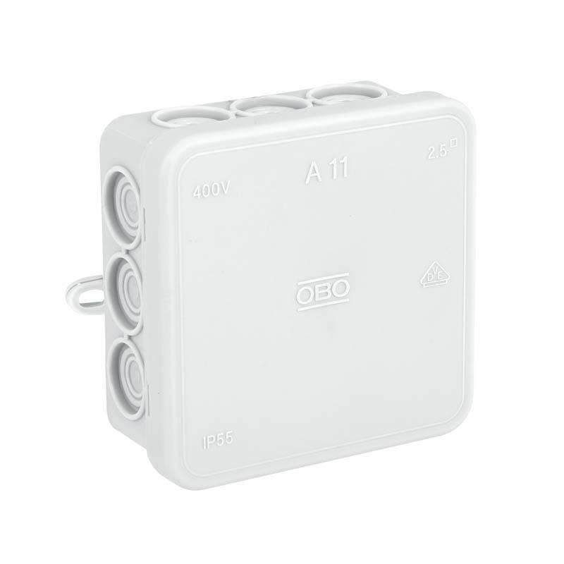 Коробка распределительная 85х85х40мм IP55 A11 12 кабельн. вводов свет. сер. OBO 2000342