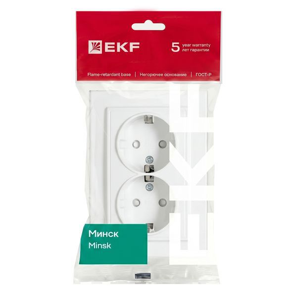 Розетка 2-м СП Минск 16А IP20 с заземл. защ. шторки бел. Basic EKF ERR16-128-100
