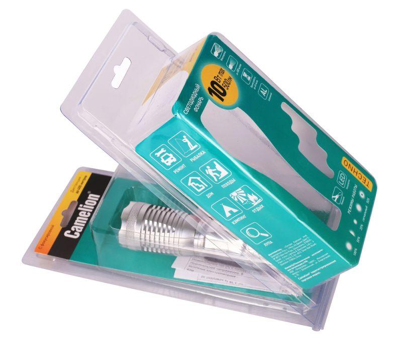 Фонарь LED5137 XML-T6 ZOOM 3 режима 3хLR03 (в компл.) алюм. титан. (открывающ. блист.) Camelion 12974