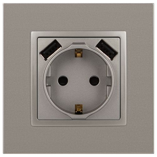 Розетка Elegance 14-4109-16 16A 250В 2P+E защ. штор. с 2xUSB 3А 5В титан Эра Б0065775