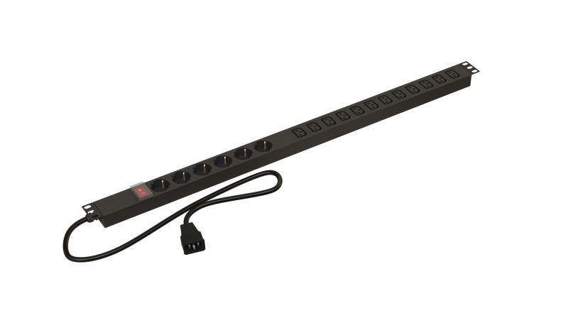 Блок розеток вертик. 6 розеток Schuko 12 розеток IEC320 C13 выкл. с подсветкой кабель питания 2.5м (3х1.0мм2) с вилкой IEC320 C20 16А 250В 845х44.5х44.5мм (ДхШхВ) сталь SHE-6SH-12IEC-S-2.5AIEC Hyperline 452730