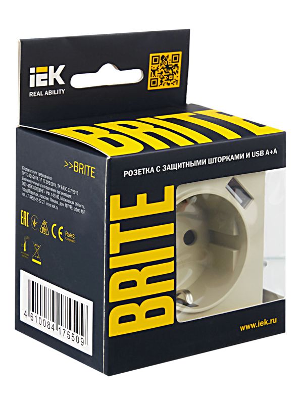 Розетка BRITE РЮш10-1-БрКр 16А с USB A+A 2.1А с заземл. защ. шторки механизм беж. IEK BR-R14-16-U21-D21-K10