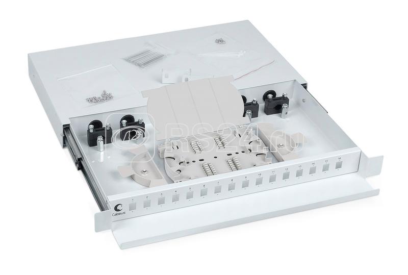 Кросс бокс оптический ODF-19-16-SC 19дюйм на 16 SC LC duplex со сплайс-кассетой выдвижной без пигтейлов и проходных адаптеров Cabeus 7300c