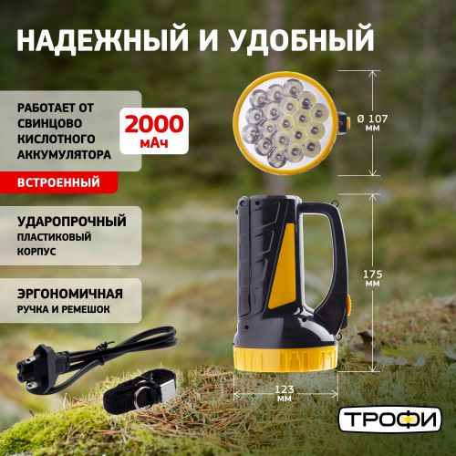 Фонарь-прожектор аккумуляторный TSP19 19 + 18LED аккум. 4В 2А.ч ЗУ 220В (картон. упак.) Трофи C0045552/Б0008436