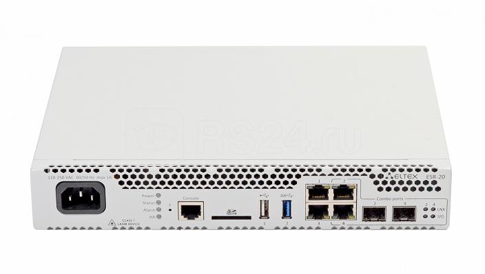 Маршрутизатор сервисный ESR-20 2 х 10/100/1000BASE-T 2 x Combo 10/100/1000BASE-T/1000BASE-X SFP 1 x USB 2.0 1 x USB 3.0 1 слот для SD-карт Console 4ГБ RAM 4ГБ Flash встроенный модуль питания 220В переменного тока ELTEX