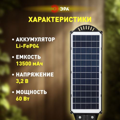 Светильник 60Вт 5000К IP65 1100лм консольный на солнечной батарее COB с кронштейном с датчиком движения ПДУ Эра Б0046796