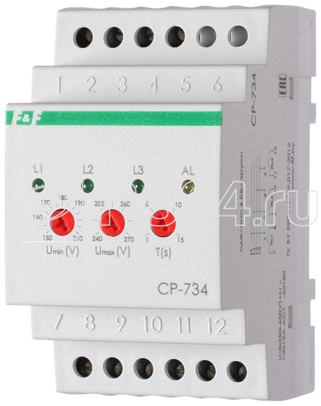 Реле напряжения CP-734 (трехфазное; контроль нижнего (150-210В) и верхнего (240-270В) порога напряжения; отдельный контакт на каждую фазу; монтаж на DIN-рейке 35мм 3х400/230 N 3х8А 3х1R IP20) F&F EA04.009.007