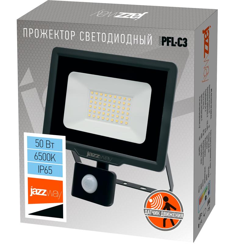 Прожектор светодиодный PFL-C3 SENSOR 50Вт 6500К IP65 ДО закален. прозр. стекло датчик движения инфракрасный Pro JazzWay 5026940A