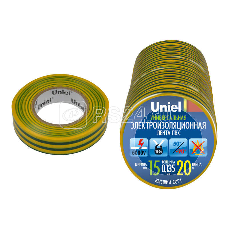 Лента изоляционная 0.135х15мм 20м UIT-135P 20/15/01 YGR жел/зел. Uniel 04490