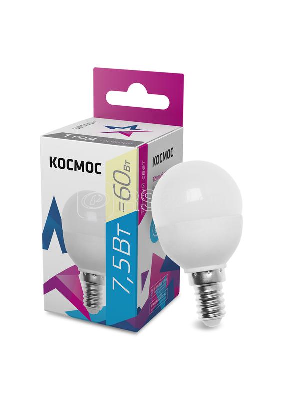 Лампа светодиодная 7.5Вт шар 3000К тепл. бел. E14 220В КОСМОС LkecLED7.5wGL45E1430
