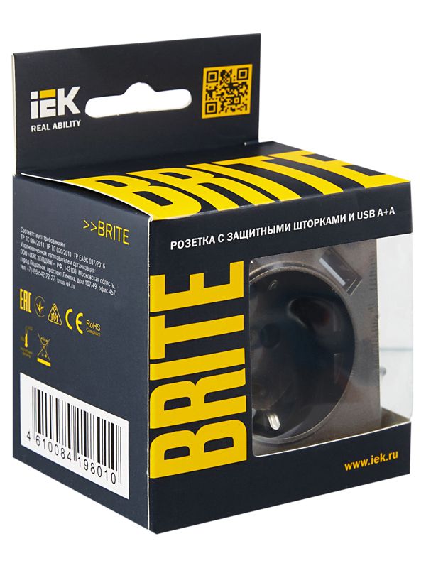 Розетка BRITE РЮш10-1-БрТБ 16А с USB A+A 2.1А с заземл. защ. шторки темн. механизм бронза IEK BR-R14-16-U21-D21-K45