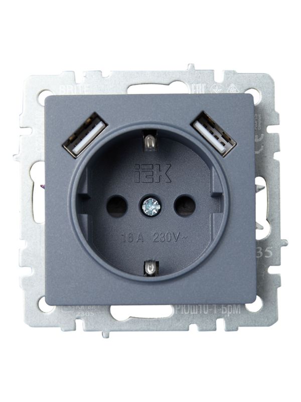 Розетка BRITE РЮш10-1-БрМ 16А с USB A+A 2.1А с заземл. защ. шторки механизм маренго IEK BR-R14-16-U21-D21-K35