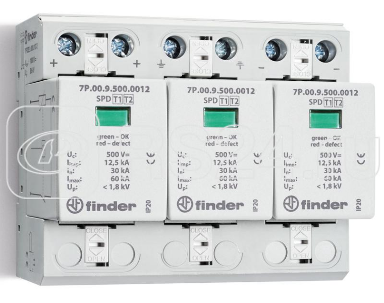 Устройство защиты от импульсных перенапряжений УЗИП тип 1+2 (3 варистора 1000В DC) модульный 108мм IP20 FINDER 7P0390001012