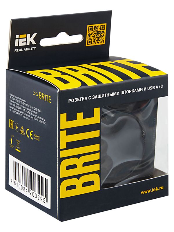 Розетка BRITE РЮш11-1-БрЧ 16А с USB A+C 18Вт с заземл. защ. шторки механизм черн. IEK BR-R14-16-U22-018-K02