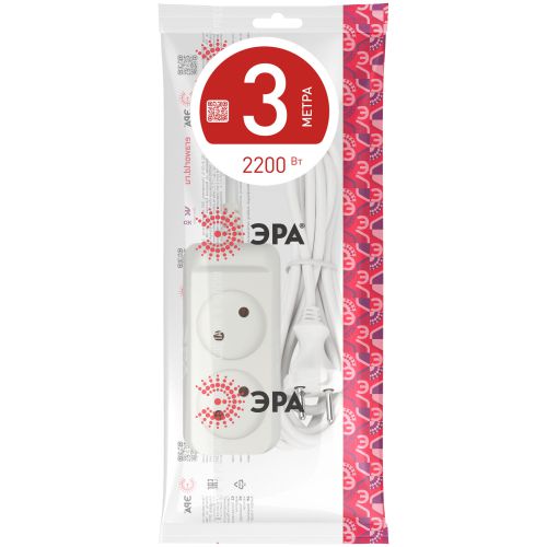 Удлинитель 2х3м без заземл. 10А IP20 U-2-3m-2х1 ПВС 2х1 Эра Б0028360