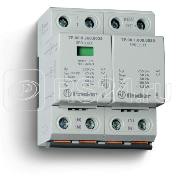 Устройство защиты от импульсных перенапряжений УЗИП тип 1+2 (1 варистор/искровый разрядник + 1 искровый разрядник) модульный 72мм IP20 FINDER 7P0282601025