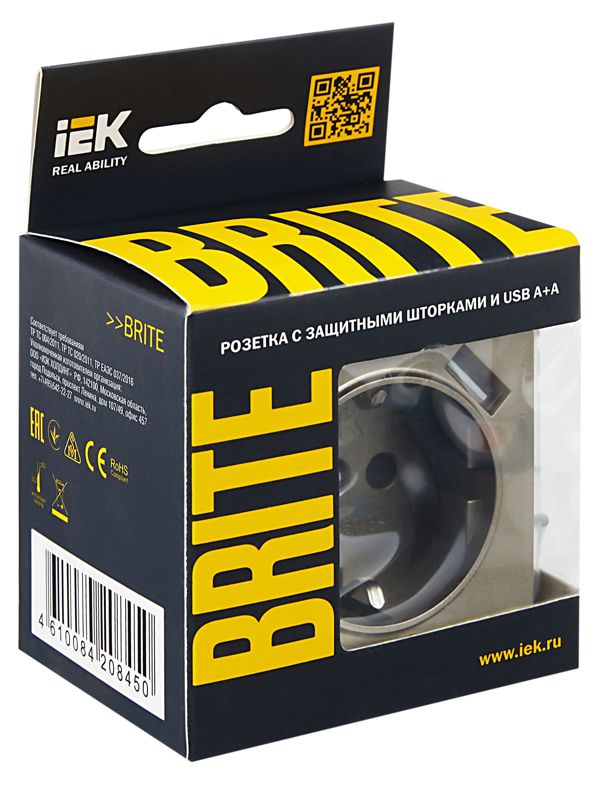 Розетка BRITE РЮш10-1-БрШ 16А с USB A+A 2.1А с заземл. защ. шторки механизм шампань IEK BR-R14-16-U21-D21-K37
