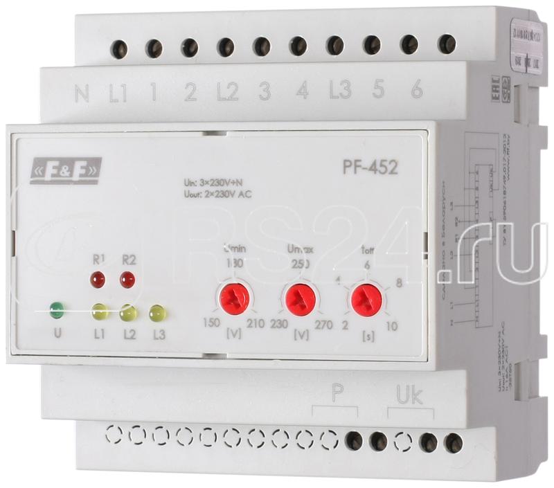 Переключатель фаз PF-452 (два выхода для питания нагрузки; с регулируемыми верхними (230-260) и нижними (150-210) значениями напряжения переключения; монтаж на DIN-рейке 35мм 3х400/230+N 6х16A IP20) F&F EA04.005.004
