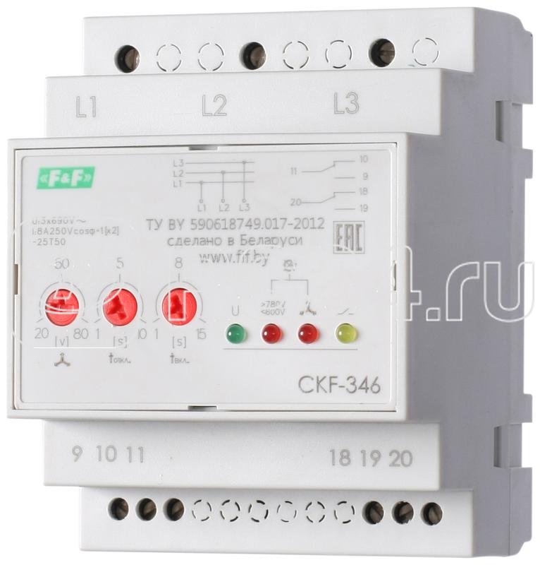 Реле контроля фаз для сетей с изолированной нейтралью CKF-346 (монтаж на DIN-рейке 35мм; регулировка порога отключения; контроль чередования фаз; 3х680В 2х8А 1х2P IP20) F&F EA04.004.002