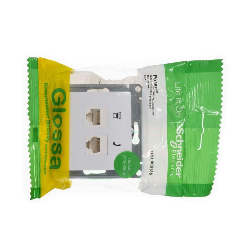 Розетка компьютерная + телефонная 2-м СП Glossa RJ45 + RJ11 кат.5E механизм бел. SE GSL000185
