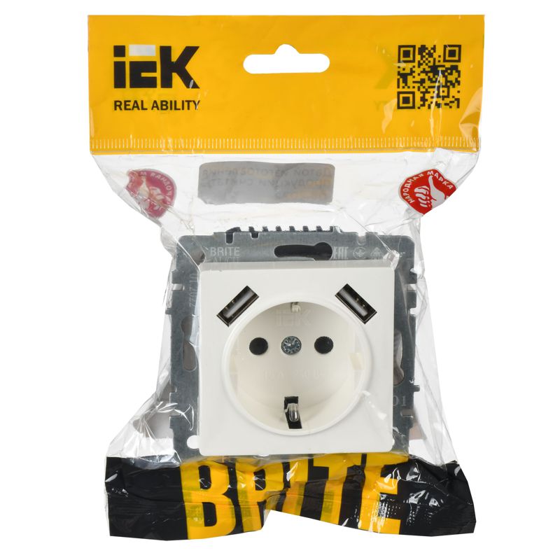 Розетка BRITE РЮш10-1-БрБ 16А с USB A+A 2.1А с заземл. защ. шторки механизм бел. IEK BR-R14-16-U21-D21-K01